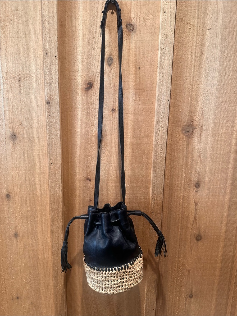 Loeffler Randall Black Leather and Raffia Drawstring Bucket Bag - Picture 3 of 12
